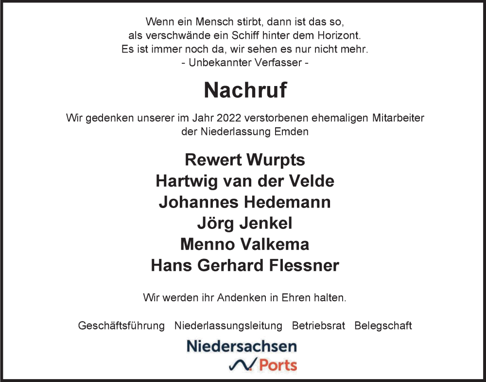 Traueranzeigen Von Nachruf Niedersachsen Ports | Nordwest-trauer.de