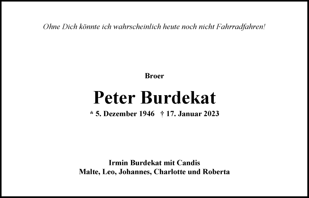  Traueranzeige für Peter Burdekat vom 25.01.2023 aus Nordwest-Zeitung