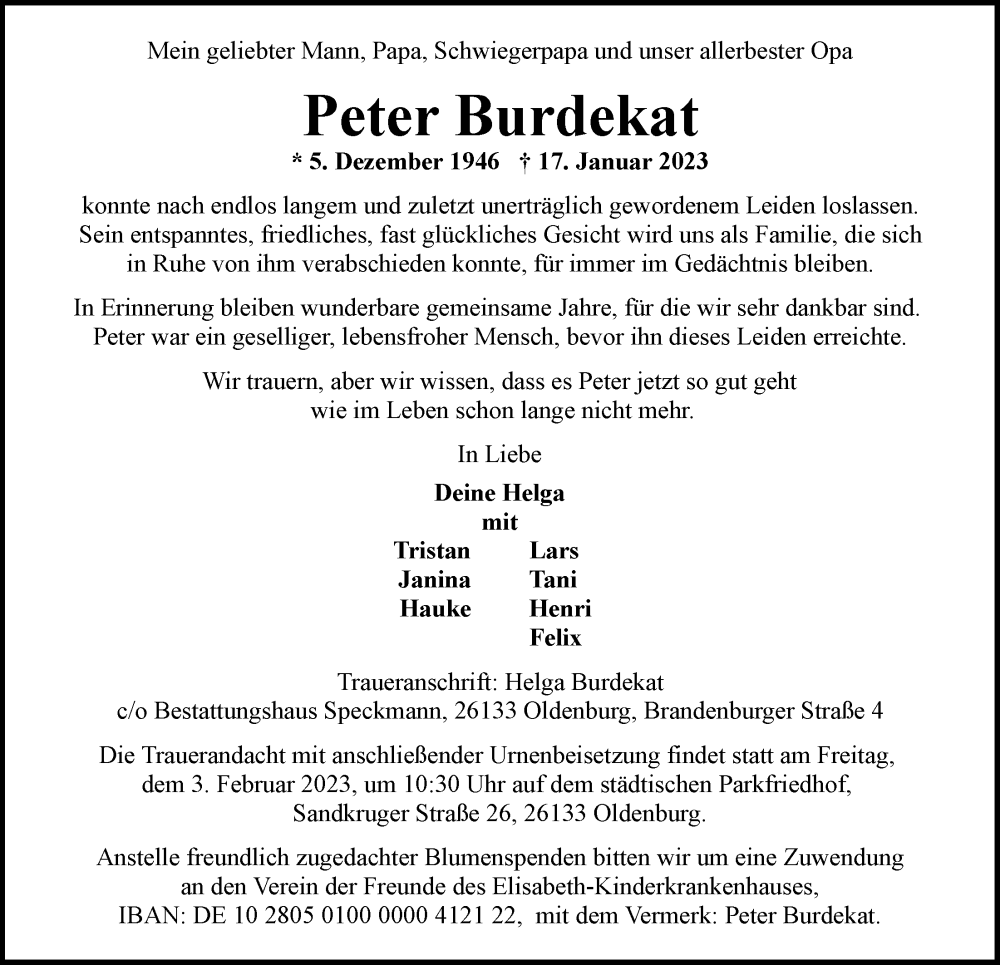  Traueranzeige für Peter Burdekat vom 25.01.2023 aus Nordwest-Zeitung