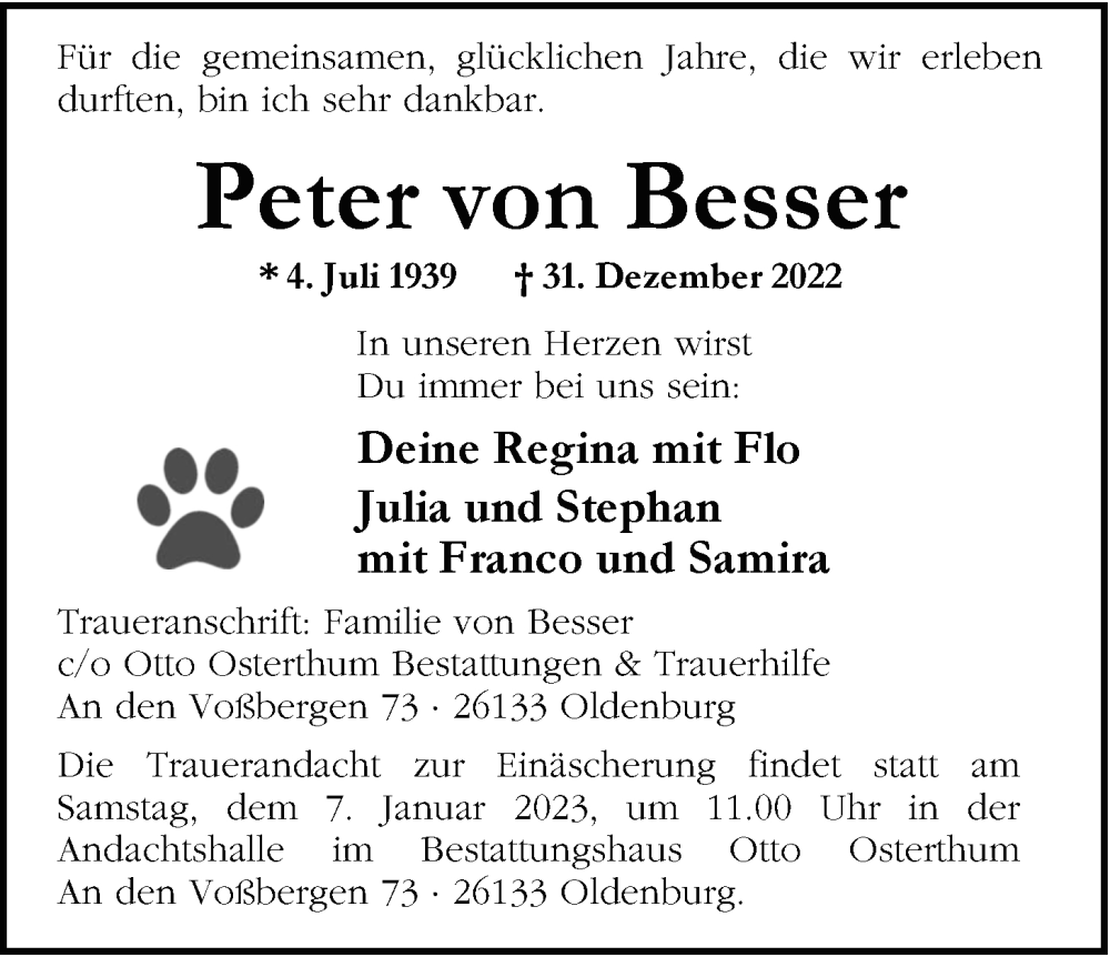  Traueranzeige für Peter von Besser vom 05.01.2023 aus Nordwest-Zeitung