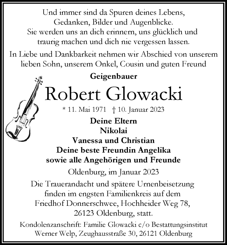  Traueranzeige für Robert Glowacki vom 18.01.2023 aus Nordwest-Zeitung