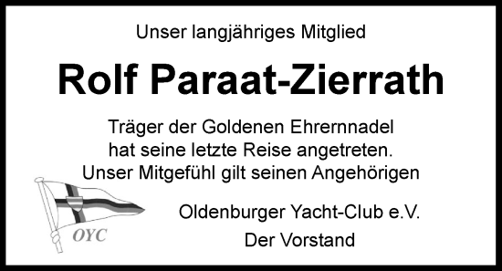 Traueranzeige von Rolf Paraat-Zierrath von Nordwest-Zeitung