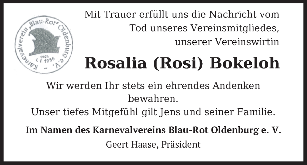  Traueranzeige für Rosalia Bokeloh vom 14.01.2023 aus Nordwest-Zeitung