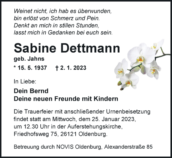 Traueranzeige von Sabine Dettmann von Nordwest-Zeitung