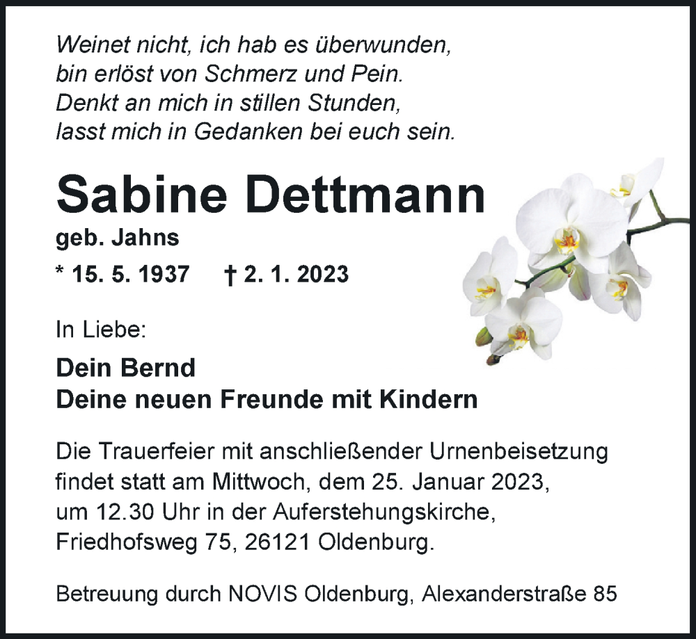  Traueranzeige für Sabine Dettmann vom 21.01.2023 aus Nordwest-Zeitung