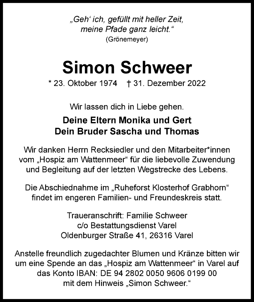  Traueranzeige für Simon Schweer vom 07.01.2023 aus Nordwest-Zeitung