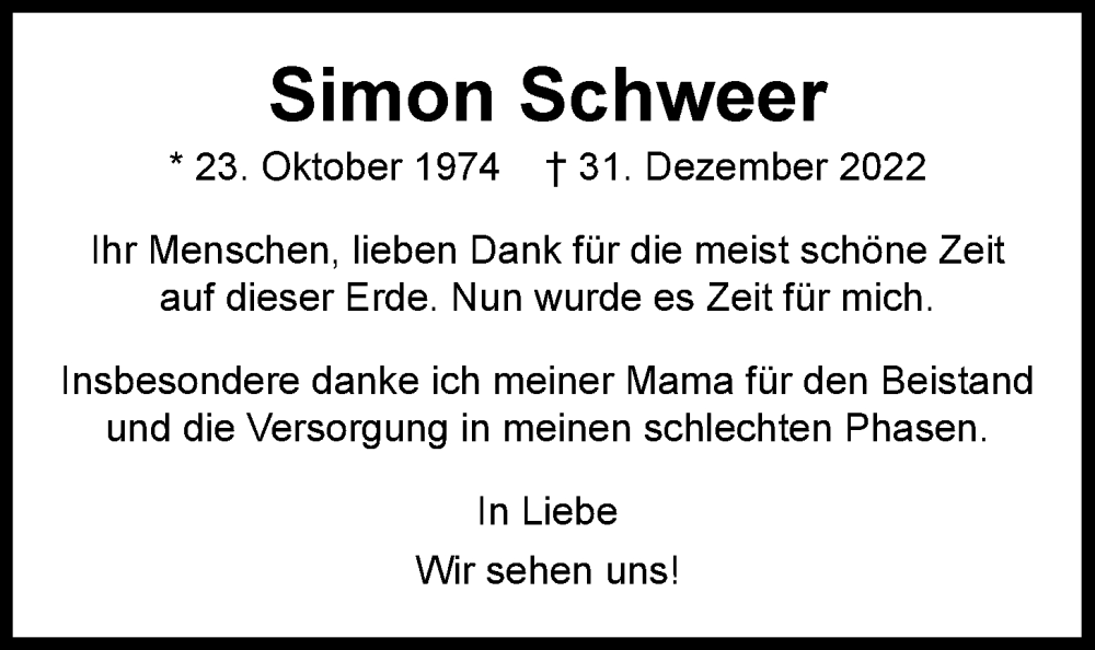  Traueranzeige für Simon Schweer vom 07.01.2023 aus Nordwest-Zeitung