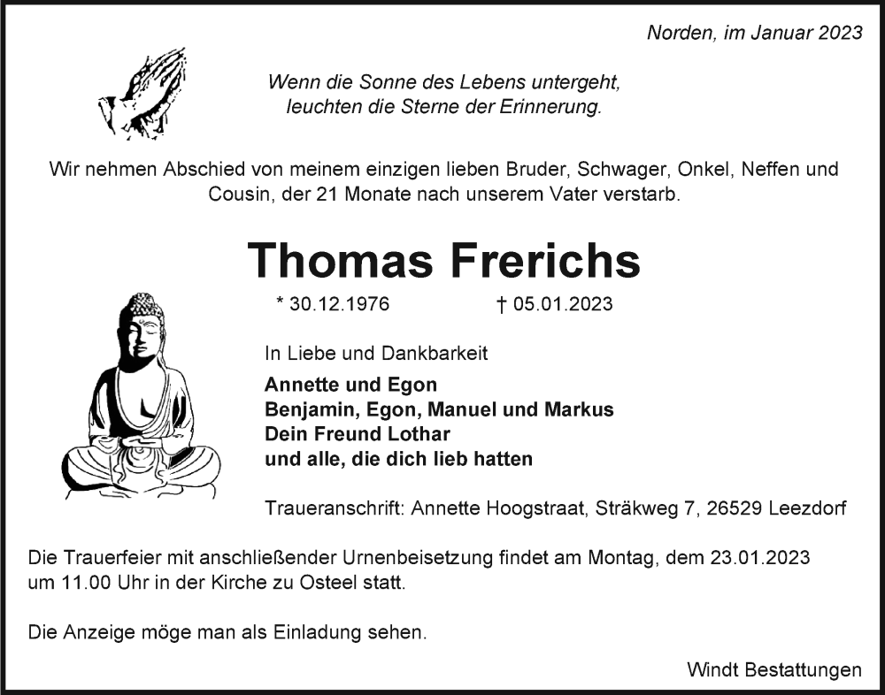  Traueranzeige für Thomas Frerichs vom 14.01.2023 aus Emder Zeitung