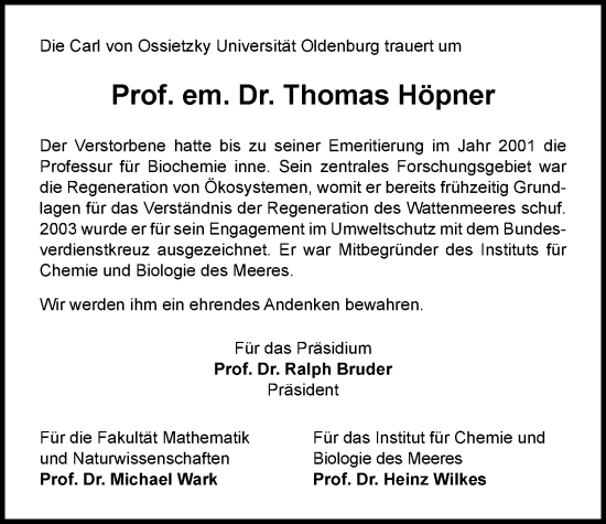 Traueranzeige von Thomas Höpner von Nordwest-Zeitung