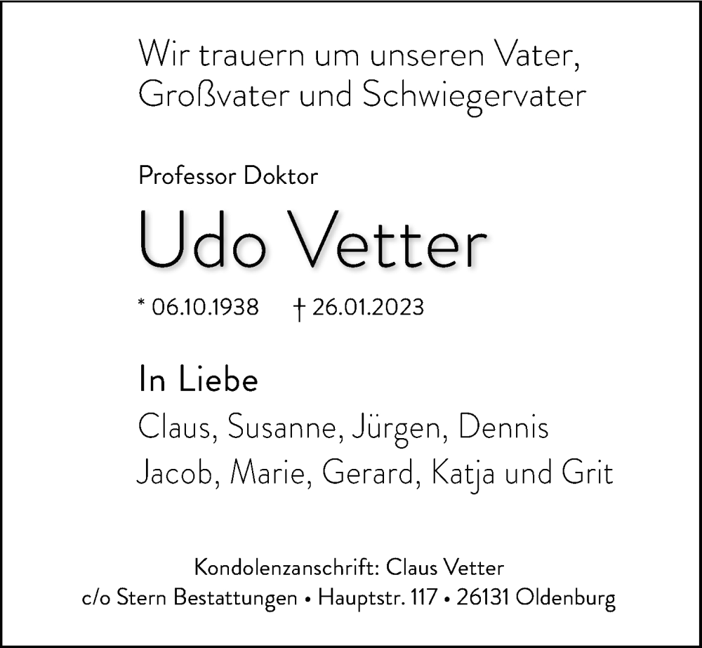  Traueranzeige für Udo Vetter vom 28.01.2023 aus Nordwest-Zeitung