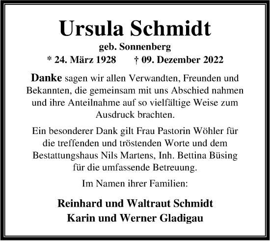 Traueranzeige von Ursula Schmidt von Nordwest-Zeitung