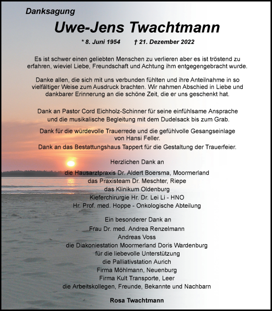 Traueranzeige von Uwe-Jens Twachtmann von Nordwest-Zeitung