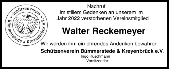 Traueranzeige von Walter Reckemeyer von Nordwest-Zeitung