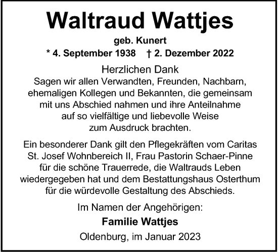 Traueranzeige von Waltraud Wattjes von Nordwest-Zeitung