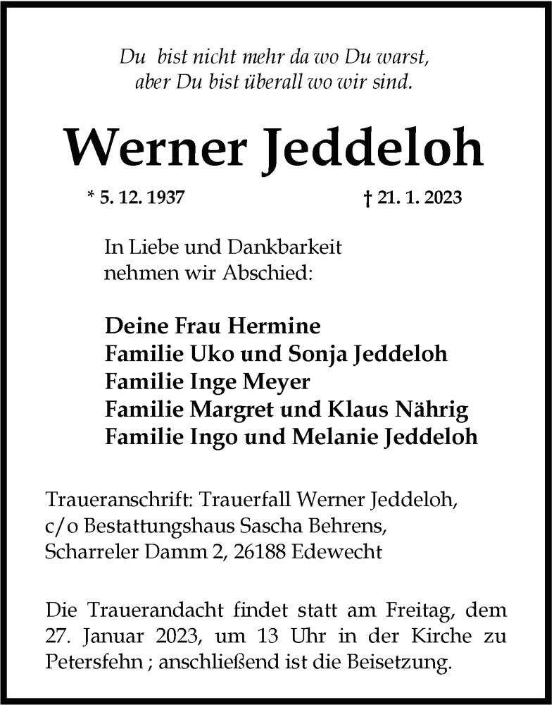  Traueranzeige für Werner Jeddeloh vom 25.01.2023 aus Nordwest-Zeitung