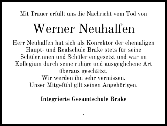 Traueranzeige von Werner Neuhalfen von Nordwest-Zeitung