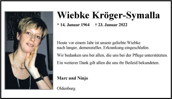 Traueranzeige von Wiebke Kröger-Symalla von Nordwest-Zeitung