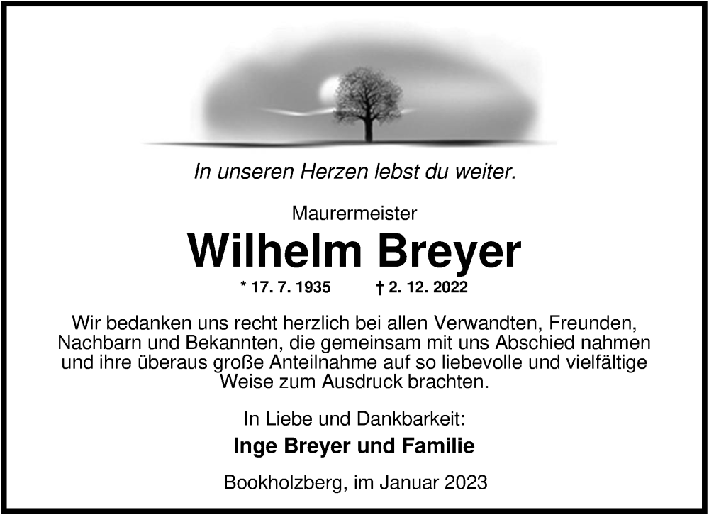  Traueranzeige für Wilhelm Breyer vom 07.01.2023 aus Nordwest-Zeitung