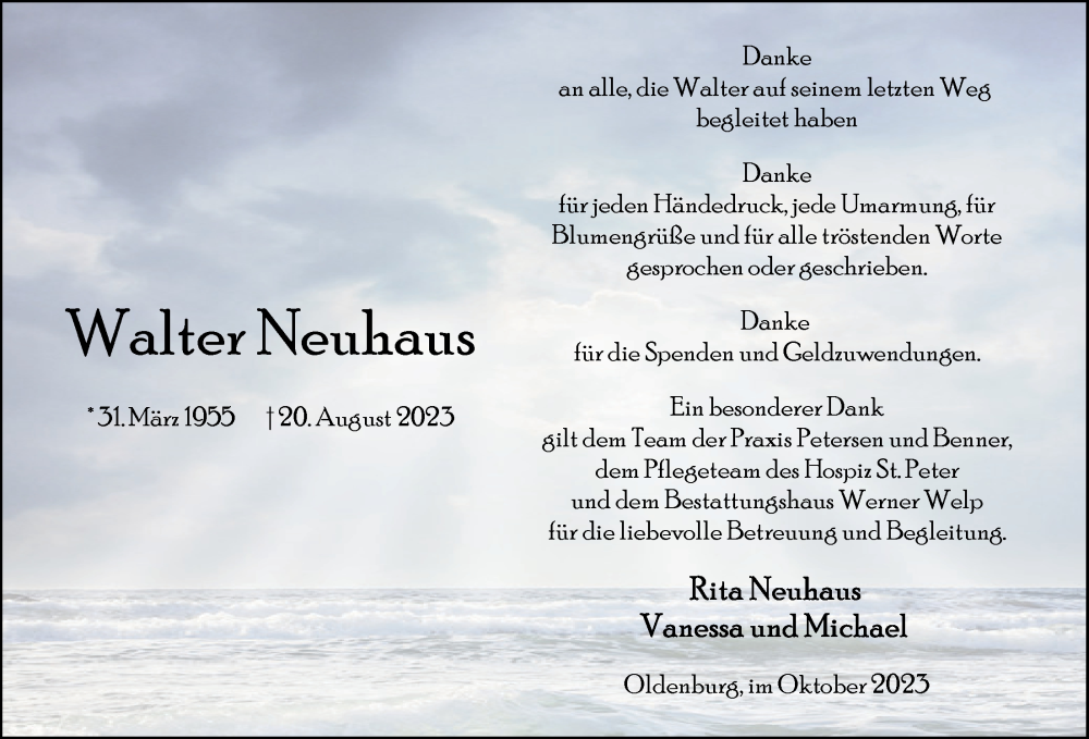  Traueranzeige für Walter Neuhaus vom 28.10.2023 aus Nordwest-Zeitung