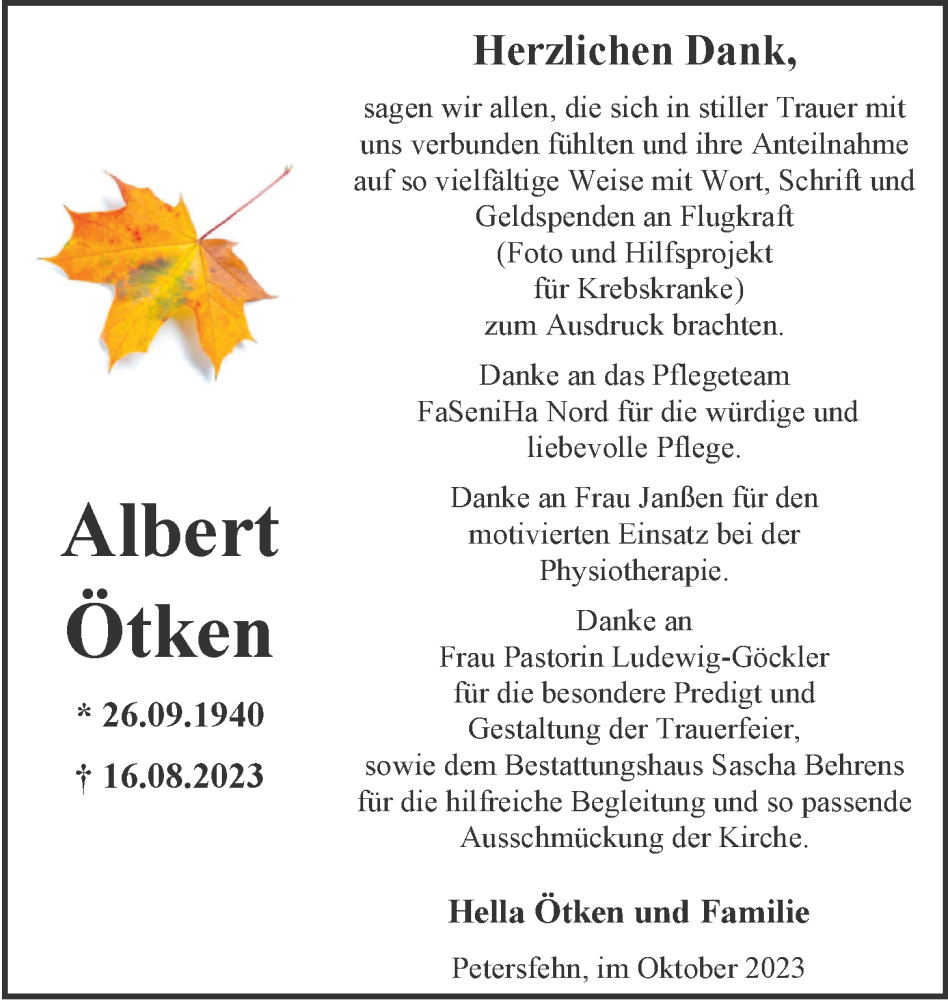  Traueranzeige für Albert Ötken vom 21.10.2023 aus Nordwest-Zeitung