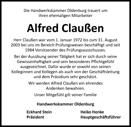 Traueranzeige von Alfred Claußen von Nordwest-Zeitung