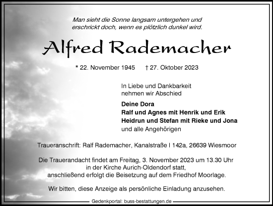 Traueranzeige von Alfred Rademacher von WZ/JW/AH