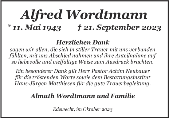 Traueranzeige von Alfred Wordtmann von Nordwest-Zeitung