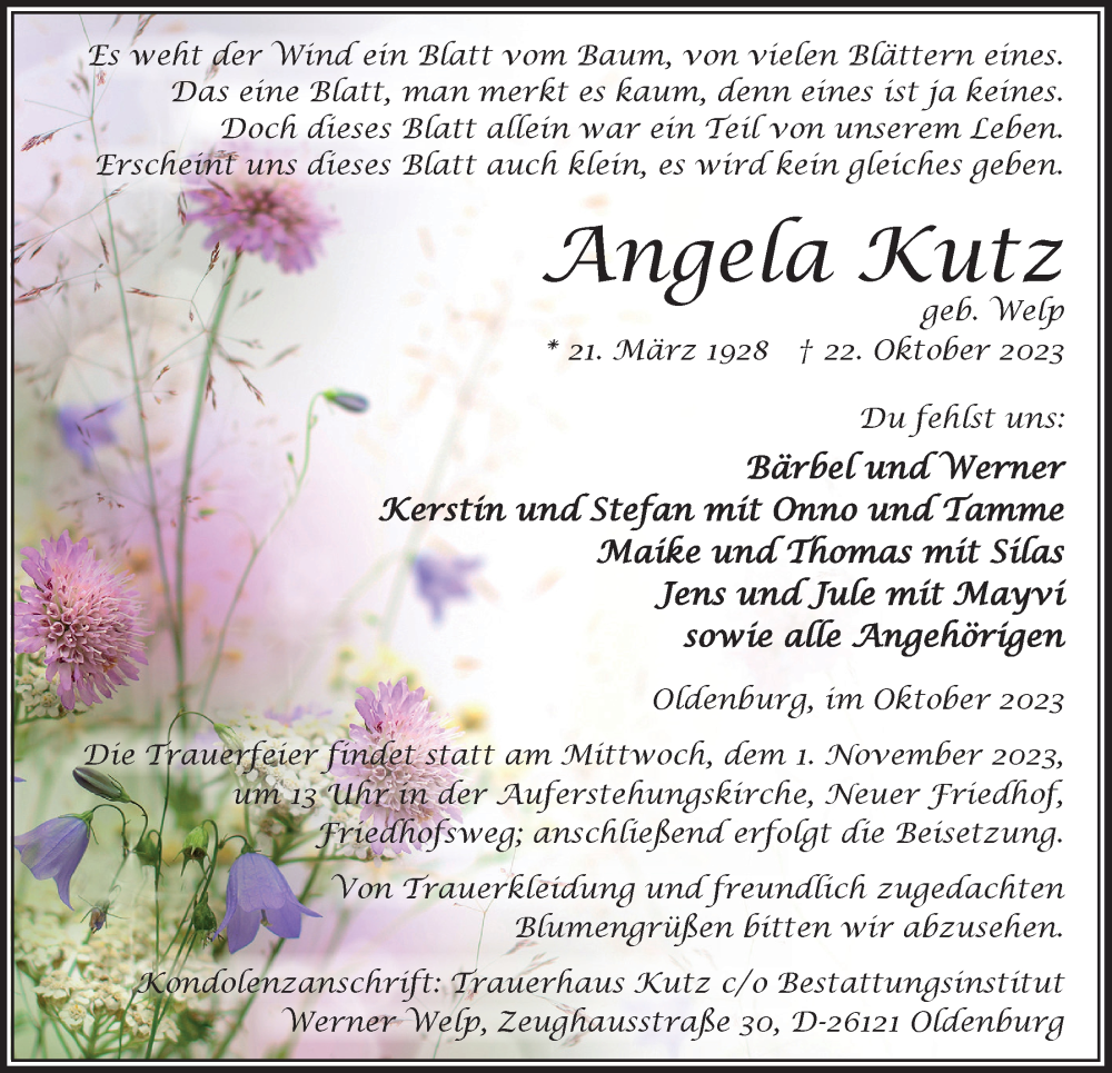  Traueranzeige für Angela Kurtz vom 28.10.2023 aus Nordwest-Zeitung