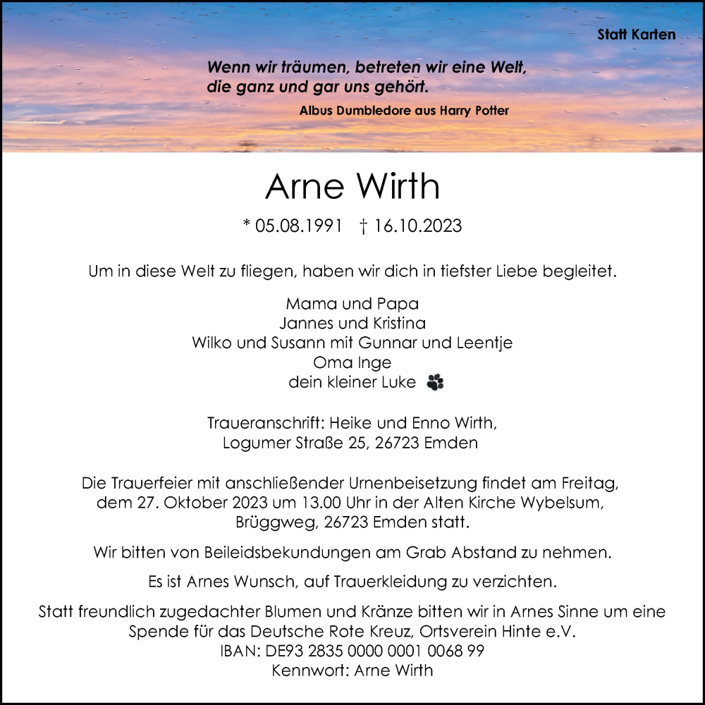  Traueranzeige für Arne Wirth vom 21.10.2023 aus Emder Zeitung
