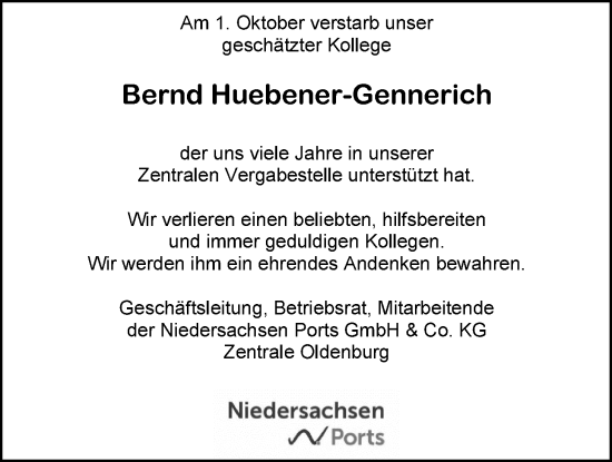 Traueranzeige von Bernd Huebener-Gennerich von WZ/JW/AH