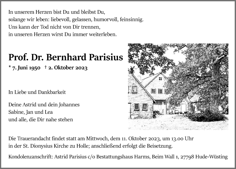  Traueranzeige für Bernhard Parisius vom 07.10.2023 aus Nordwest-Zeitung