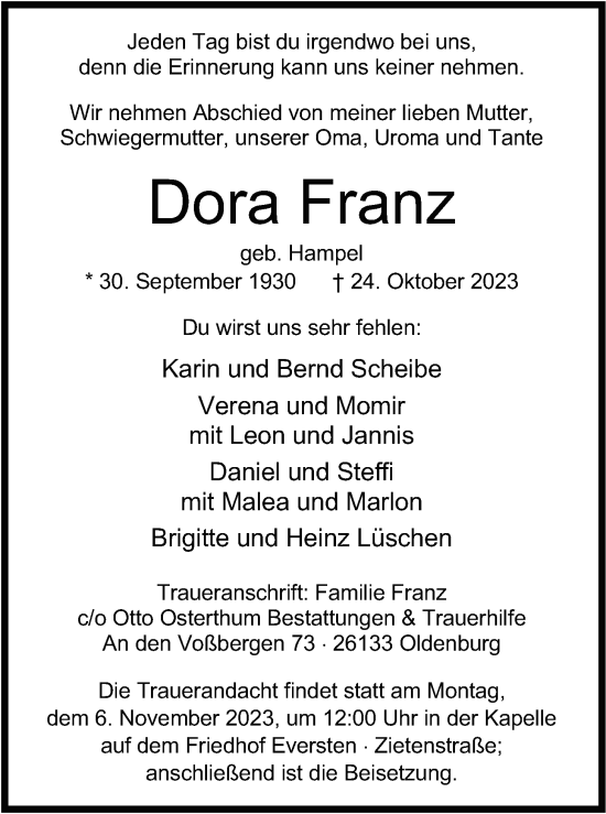Traueranzeige von Dora Franz von Nordwest-Zeitung