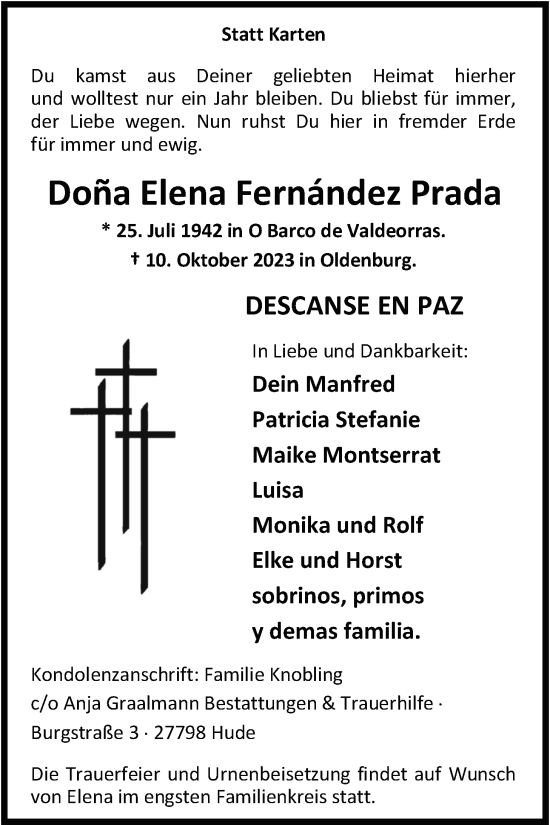 Traueranzeige von Doña Elena Fernández Prada von Nordwest-Zeitung