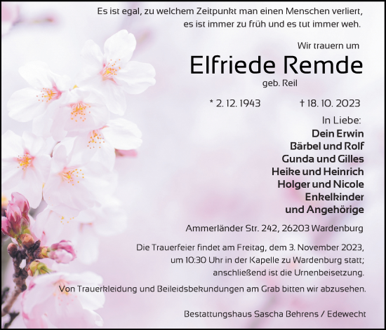 Traueranzeige von Elfriede Remde von Nordwest-Zeitung