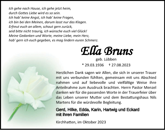Traueranzeige von Ella Bruns von Nordwest-Zeitung