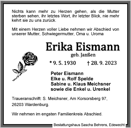 Traueranzeige von Erika Eismann von Nordwest-Zeitung