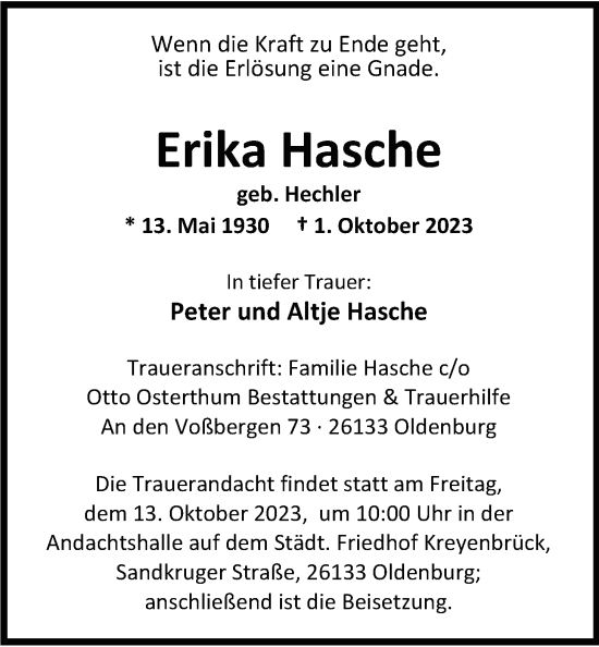 Traueranzeige von Erika Hasche von Nordwest-Zeitung