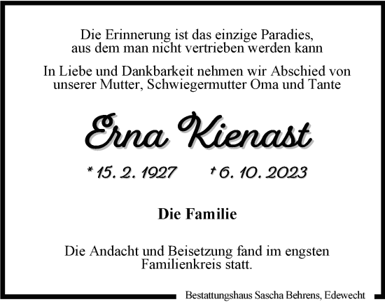 Traueranzeige von Erna Kienast von Nordwest-Zeitung