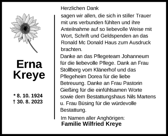Traueranzeige von Erna Kreye von Nordwest-Zeitung