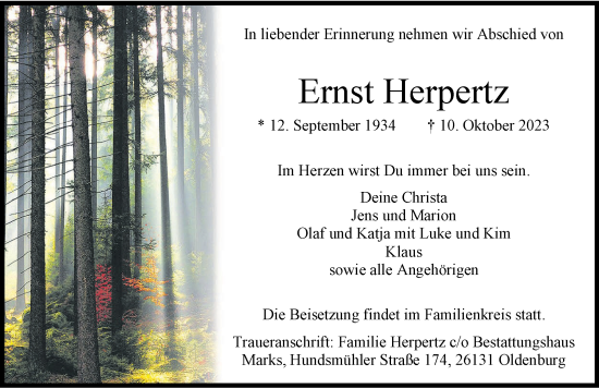 Traueranzeige von Ernst Herpertz von Nordwest-Zeitung