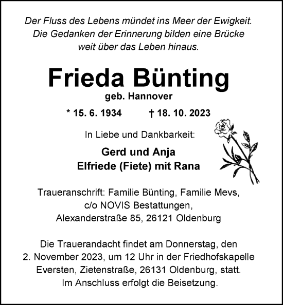 Traueranzeige von Frieda Bünting von Nordwest-Zeitung