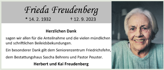 Traueranzeige von Frieda Freudenberg von Nordwest-Zeitung