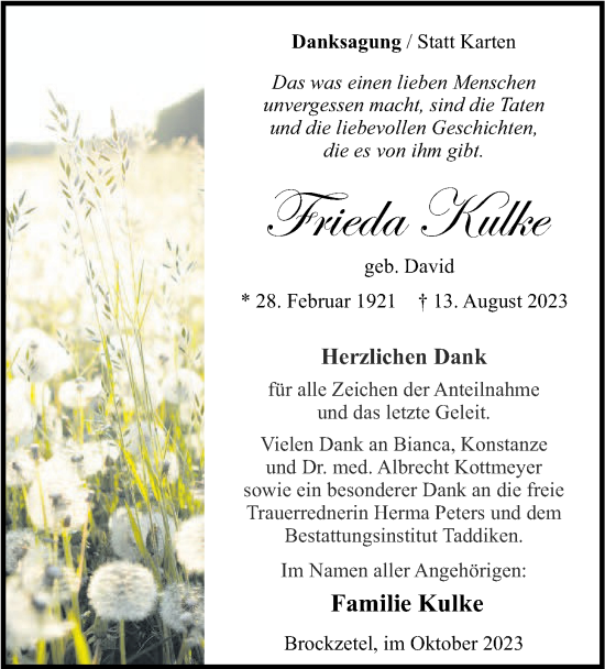 Traueranzeige von Frieda Kulke von WZ/JW/AH