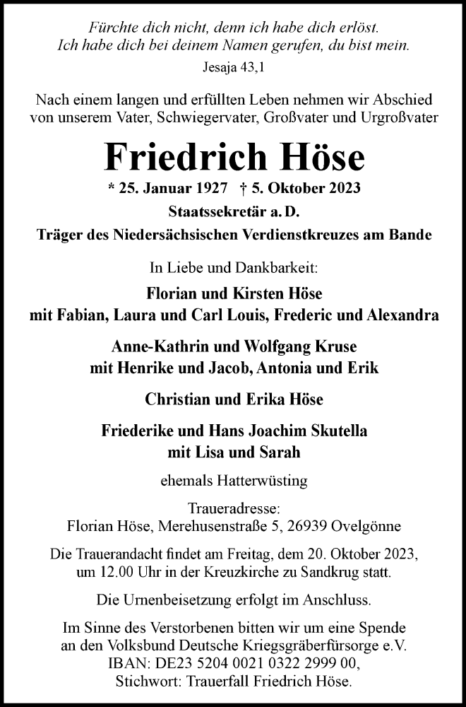  Traueranzeige für Friedrich Höse vom 14.10.2023 aus Nordwest-Zeitung