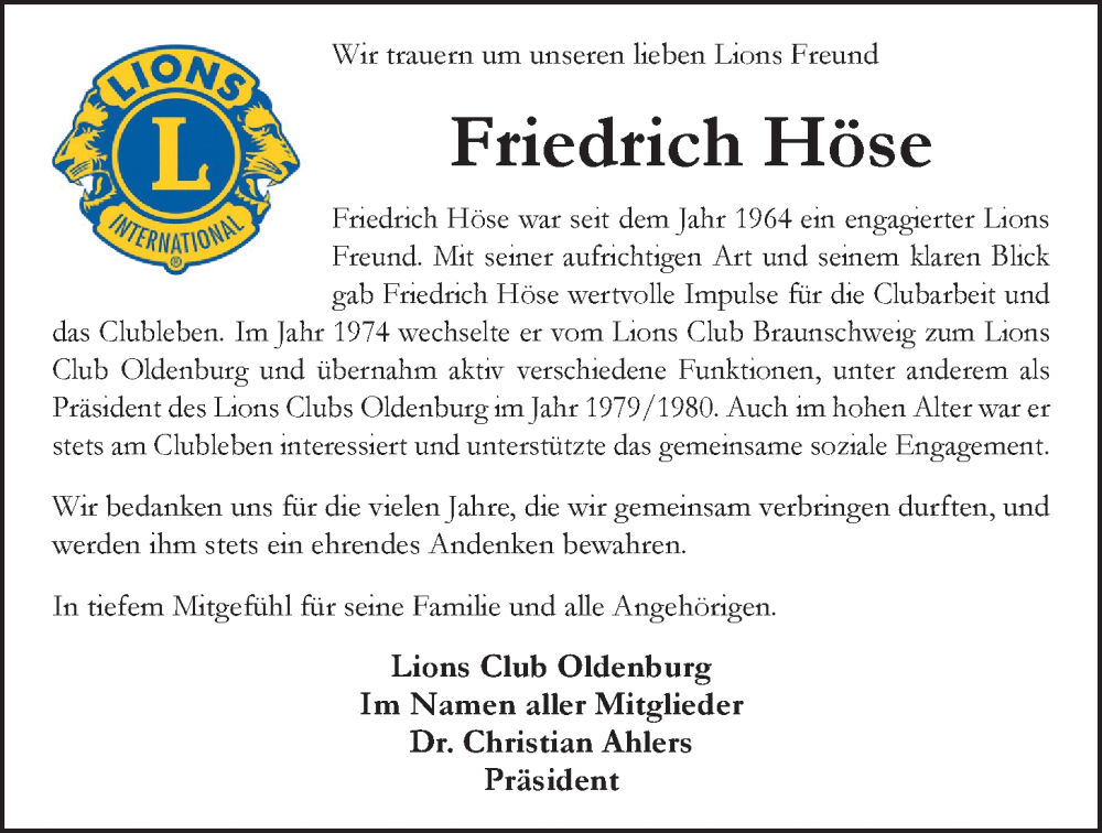 Traueranzeige für Friedrich Höse vom 14.10.2023 aus Nordwest-Zeitung