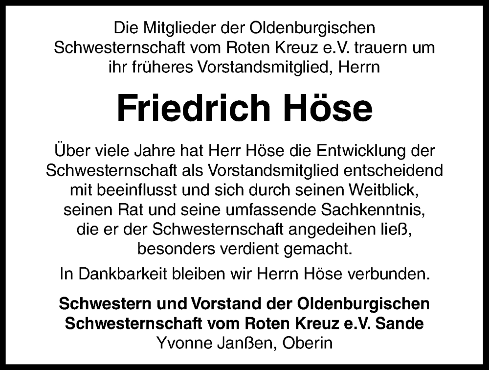  Traueranzeige für Friedrich Höse vom 14.10.2023 aus Nordwest-Zeitung