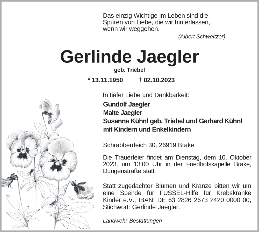  Traueranzeige für Gerlinde Jaegler vom 07.10.2023 aus Nordwest-Zeitung