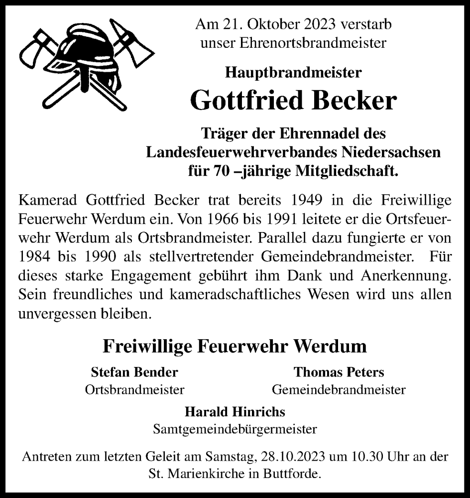  Traueranzeige für Gottfried Becker vom 24.10.2023 aus WZ/JW/AH
