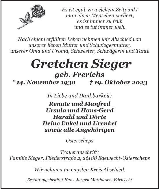 Traueranzeige von Gretchen Sieger von Nordwest-Zeitung