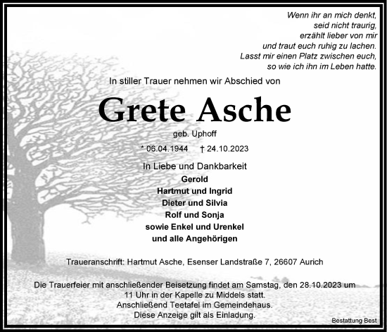 Traueranzeige von Grete Asche von WZ/JW/AH